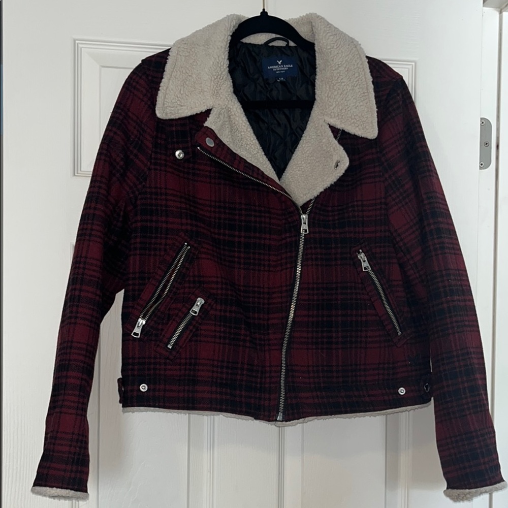 Women's Red Plaid Jacket with Shearling Collar